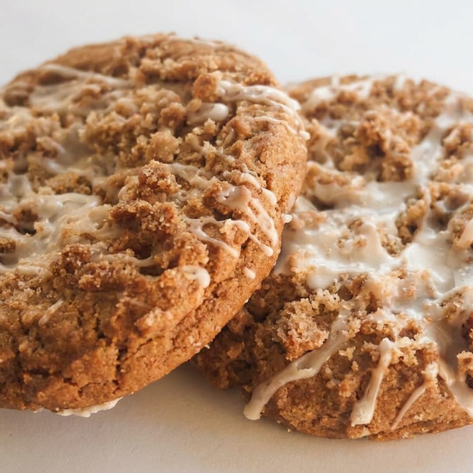 Two golden crumb-topped cookies drizzled with white icing sit overlapping on a light surface.
